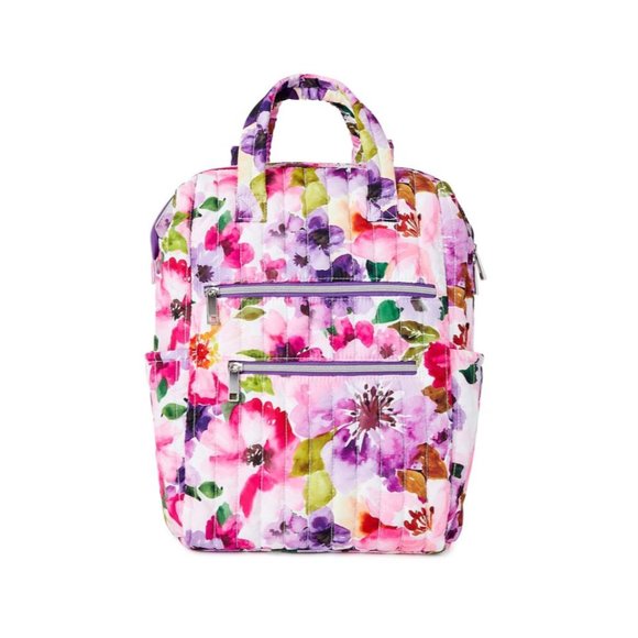Time and Tru Handbags - Floral Quilted Backpack Tote - Pink Multi